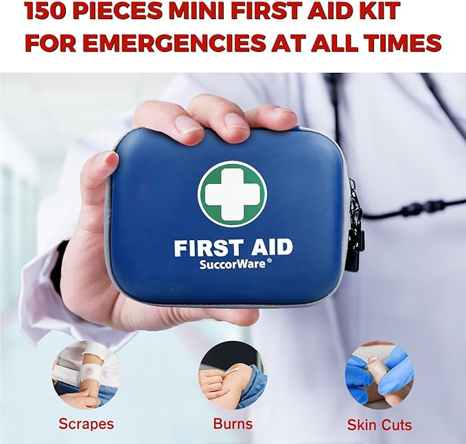 SuccorWare 150 Pieces Mini First Aid Kit - Small Medical Kit with Hard Shell - Emergency First Aid Kit for Car, Travel, Home, Outdoor, Office, Camping, Hiking (Blue)