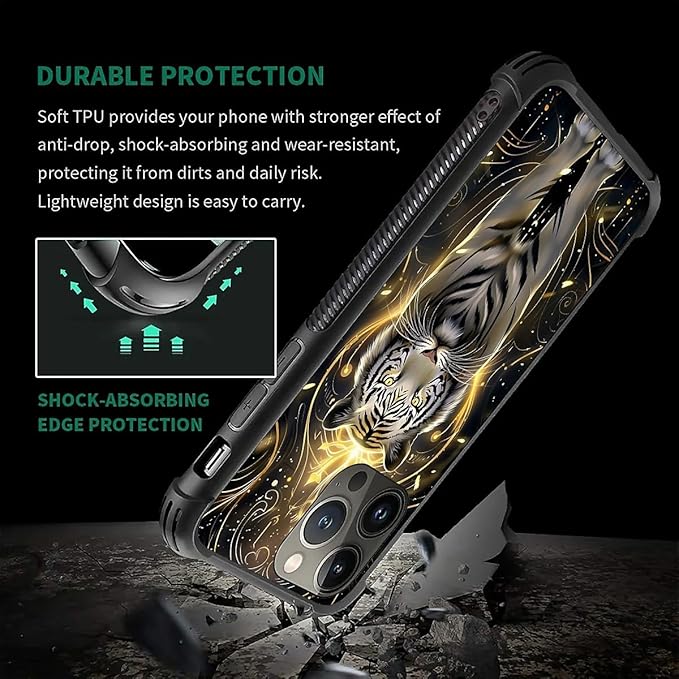 for iPhone 13 Pro Case, White Tiger Golden Mystery Pattern Graphic Design Girl Boy Soft Silicone Hard Acrylic Shock Protection for iPhone 13 Pro