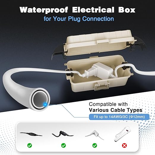 FLEMOON IP55 Outdoor Electrical Box Waterproof with Detachable Awning Covers, 8.3 x 4.1 x 3.7 inch Weatherproof Extension Cord Cover, Easy Installation for Outdoor Plug, Outlet, String Lights, Almond