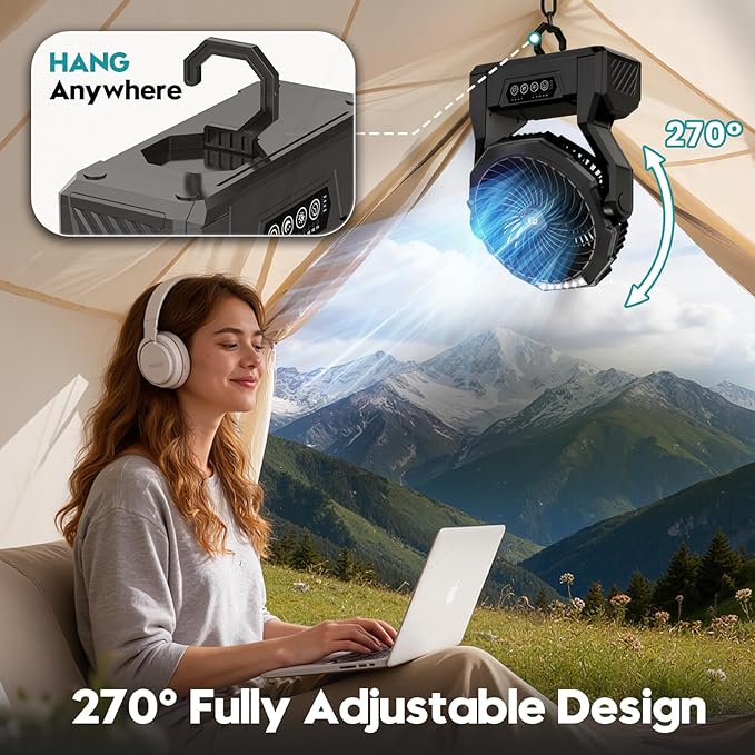 XZK Camping Fan, 20000mAh Rechargeable Battery Powered Fan with LED Lantern, Cordless Portable Tent Fan with Hanging Hook, 4 Speeds 2 Brightness Levels for Home Desk Outdoor - Black