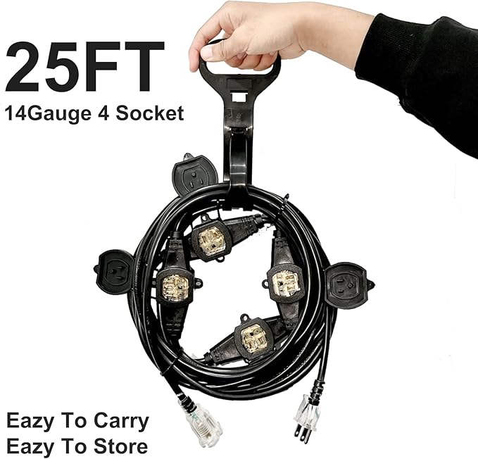 25FT Power Extension Cord - 3 Prong, 14 Gauge SJTW 5-15R Cable - Male Plug to Female Connector - 5 Outlet - Multiple Evenly-Spaced Plug - Suitable for Stage Setting or Outdoor - UL Certified