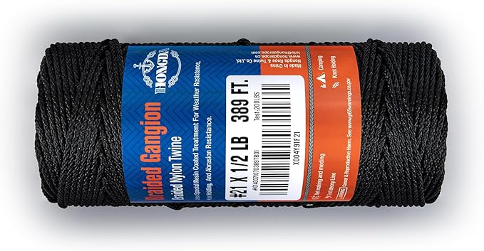 HONGDA #21 Braided Bank Line Twine, Braided Nylon String, 389 Feet Bank Line, Black Tarred String for Gardening, Construction, Gear Tying, Jungle Survival