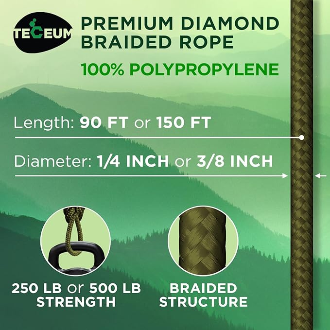 TECEUM Rope – 150 Feet x 1/4 Inch (7mm) – Army Green – Strong All-Purpose Utility Rope – Camping, Crafting, Flag Pole, Indoor & Outdoor – Polypropylene Nylon Poly Lightweight Diamond Braided Cord