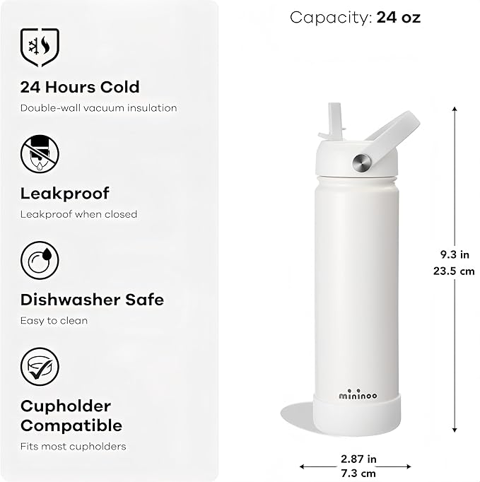 mininoo Insulated Stainless Steel Water Bottle with Straw, BPA-Free & Leak-Proof, 24 oz, White