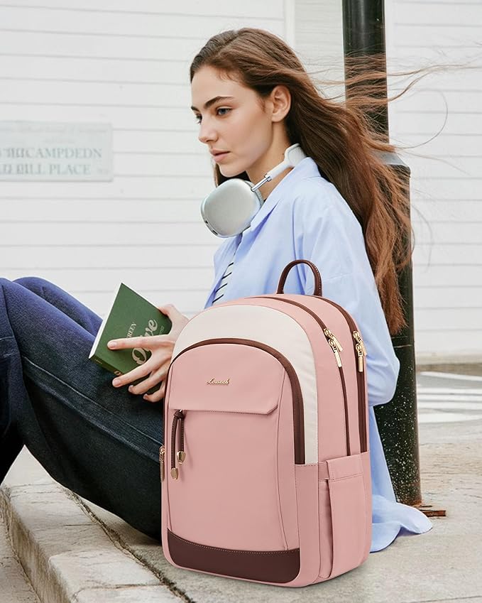 LOVEVOOK Travel Laptop Backpack Women, 15.6 Inch Anti Theft College Backpack Woman with Laptop Compartment, Large Water Resistant Black Computer Daypack for Work Casual Travel Essentials, Beige pink