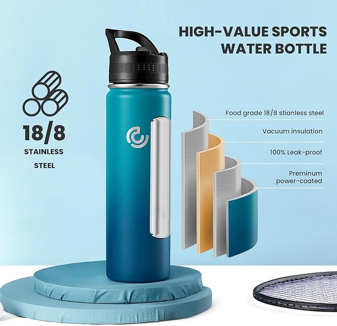 COKTIK 22oz Sports Water Bottle, Stainless Steel Water Bottle for Insulated, Reusable Travel Bottle, With Straw, With Handle Grip for Easy Carrying, Suitable for Cycling, Outdoor Vacations(Dark Night)