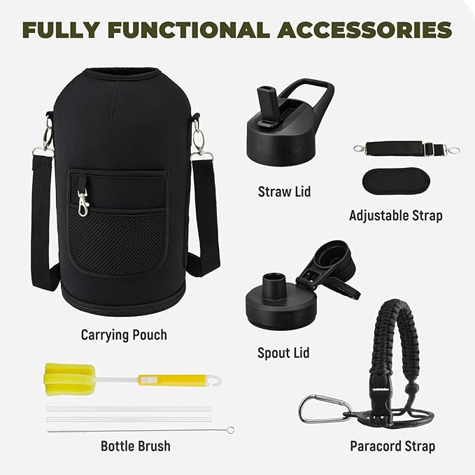 COKTIK 128oz Insulated Water Bottle - Stainless Steel Vacuum Metal, Portable 1 Gallon Large-Capacity Sports Bottle with Straw, Carry Bag and Handle Strap, Ideal for Gym & Hiking(Black)