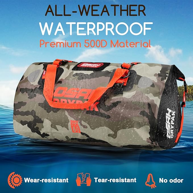 OSAH DRYPAK Waterproof Duffel Bag - Motorcycle Dry Bag Tail Bag with Large Storage Space, Waterproof Luggage Duffle Bags with Outer Mesh Zipper Pocket for Camping, Kayaking, Fishing & Traveling