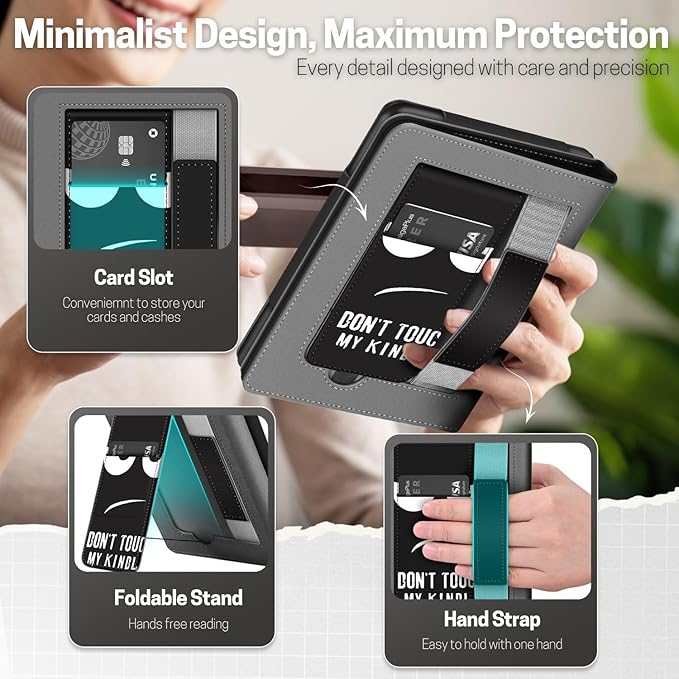 TNP Stand Case with Strap for Kindle Paperwhite 12th Gen 2024 / Kindle Colorsoft Signature Edition - 7" PU Leather Protective Folio Cover with Auto Wake/Sleep & Card Slot, Don't Touch