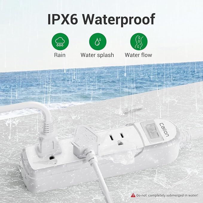 Outdoor Power Strip Weatherproof - IPX6 Waterproof 24.6ft Extension Cord 3 Widely Outlets Overload Protection Shockproof Flat Plug Wall Mountable for Outdoor Indoor ETL,White