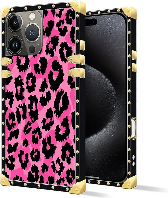 Compatible with iPhone 16 Pro Case, Pink Black Leopard Luxury Golden Decoration for Girl Women Soft TPU Shockproof Protective Hard PC Back
