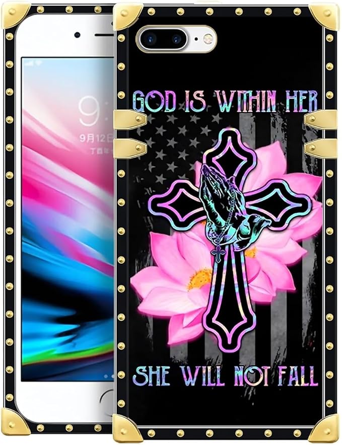 Compatible with iPhone 8 Plus 7 Plus Case, Praying Cross Hands Luxury Golden Decoration for Girl Women Soft TPU Shockproof Protective Hard PC Back for iPhone 8 Plus 7 Plus