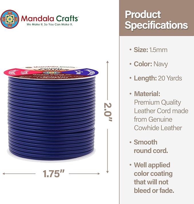 Mandala Crafts Round Genuine Navy Blue Leather Cord for Jewelry Making – 1.5mm Cowhide Leather Rope String Lace for Kumihimo – 20 Yards Cowhide Craft Cording Spool