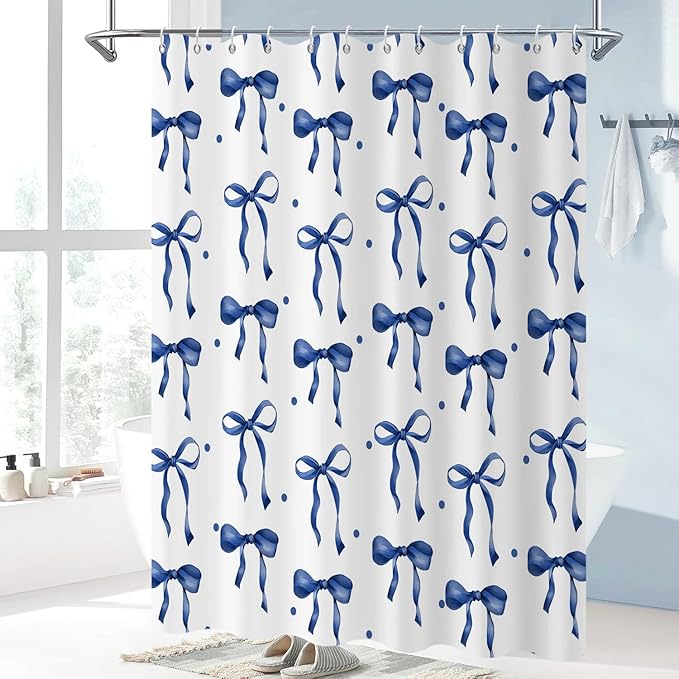 Navy Bow Shower Curtain, Navy and White Modern Aesthetic Bowknot with Polka Dot Cute Girly Bathroom Curtain Waterproof Fabric Machine Washable with Hooks, 36" Wx72 L
