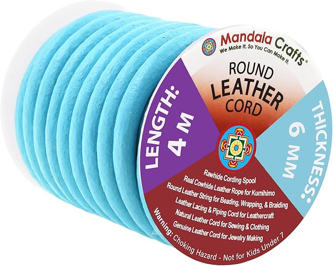 Mandala Crafts Round Genuine Turquoise Leather Cord for Jewelry Making – 6mm Cowhide Leather Rope String Lace for Kumihimo – 4.4 Yards Cowhide Craft Cording Spool