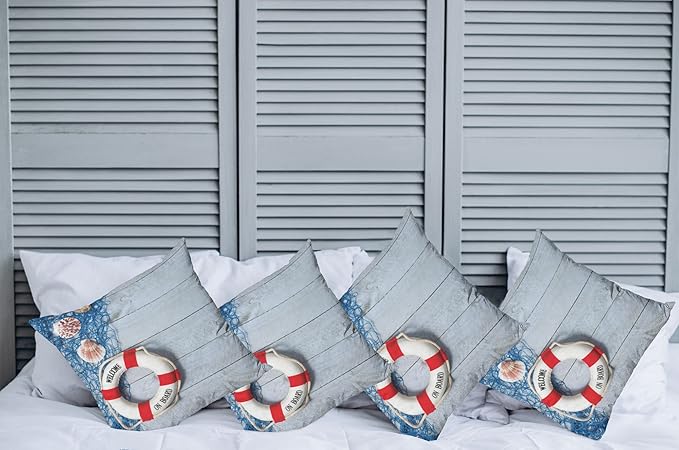 Ambesonne Coastal Throw Pillow Cushion Case Pack of 4, Welcome on Board Message on Life with Fishing Net Seashell Wood Floor of Boat, Modern Accent Double-Sided Digital Printing, 24", Dust Blue