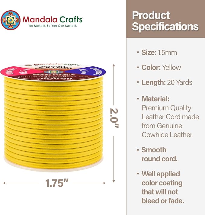 Mandala Crafts Round Genuine Yellow Leather Cord for Jewelry Making – 1.5mm Cowhide Leather Rope String Lace for Kumihimo – 20 Yards Cowhide Craft Cording Spool