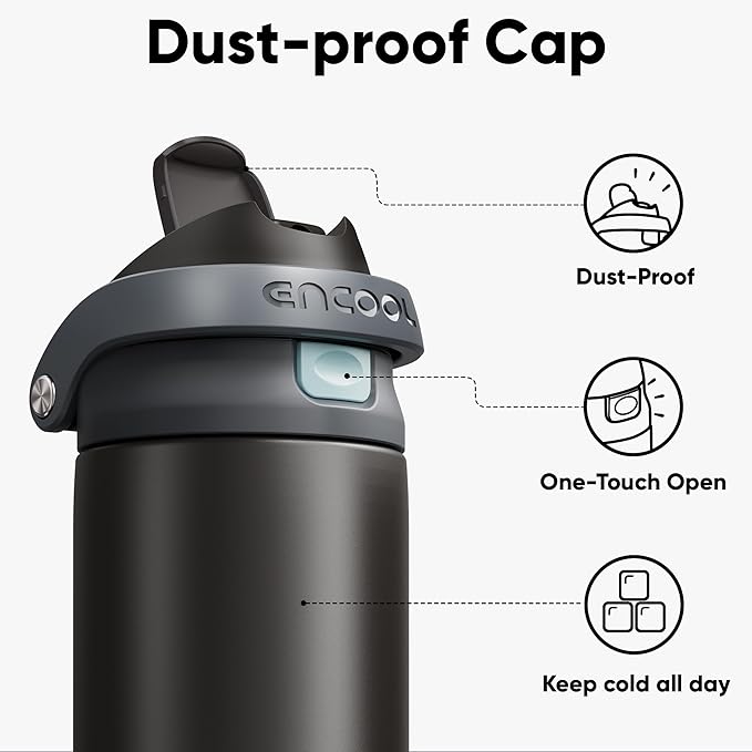 ENCOOL Leakproof Insulated Water Bottle with Straw Dual-Sip Water Bottle Bag-Safe Design for Work, Commute & Gym – Keeps Drinks Cold All Day, 18 oz, Charcoal Gray