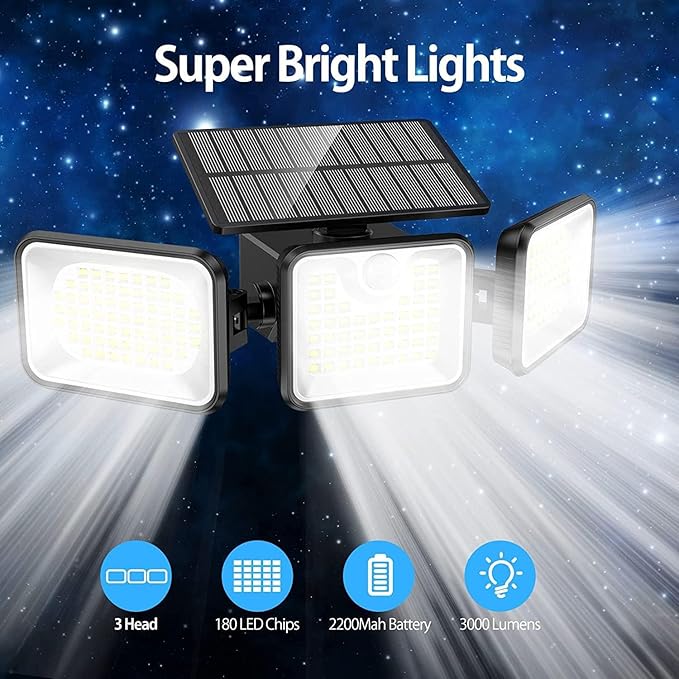 2 Pack 180 LED Solar Flood Light Outdoor,Motion Sensor Outdoor Lights,IP65 Waterproof,3 Adjustable Heads Outdoor Solar Lights,Solar Lights for Outside Fence Driveway Walkway