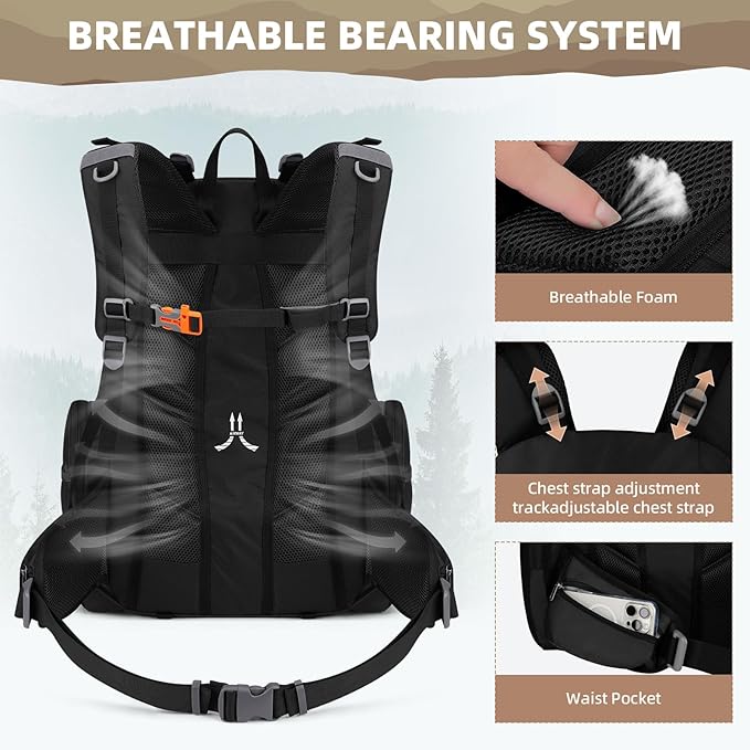 Maelstrom Hiking Backpack, 40L Waterproof Camping Daypack for Men and Women, Lightweight Travel Pack with Rain Cover (Black)