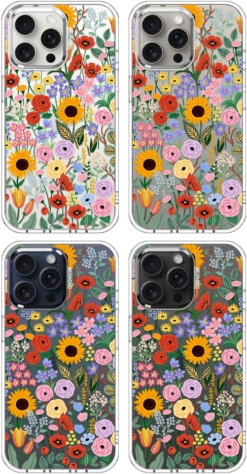 MOSNOVO Case for iPhone 15 Pro Max, [Buffertech 6.6ft Military-Grade Drop Protection] [Anti Peel Off Tech] Clear TPU Bumper Phone Case Cover Design - Blossom & Bloom