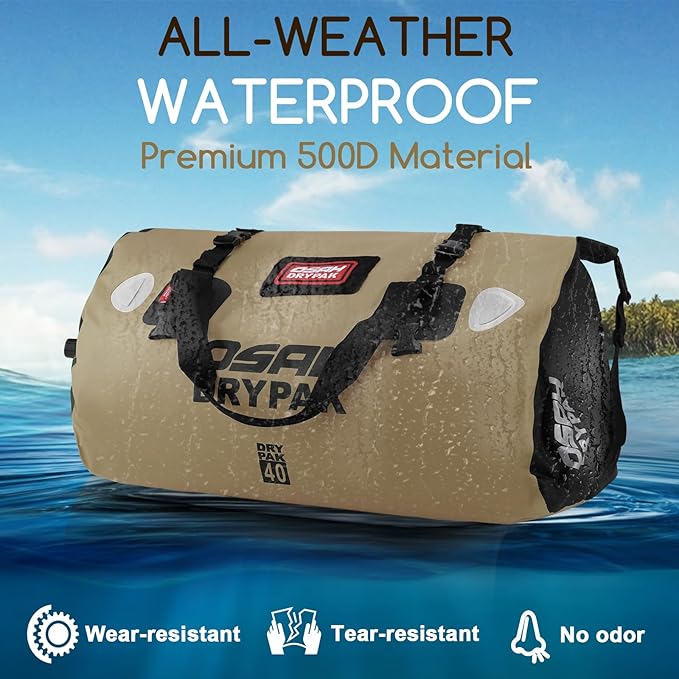 OSAH DRYPAK Waterproof Duffel Bag - Motorcycle Dry Bag Tail Bag with Large Storage Space, Waterproof Luggage Duffle Bags with Outer Mesh Zipper Pocket for Camping, Kayaking, Fishing & Traveling