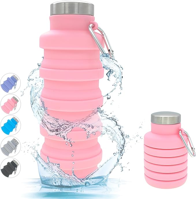 YCT Collapsible Water Bottle 17oz（500ml），Travel Portable Sport Water Bottle，Reusable Silicone Foldable Water Bottles for Gym Camping Hiking (Pink)