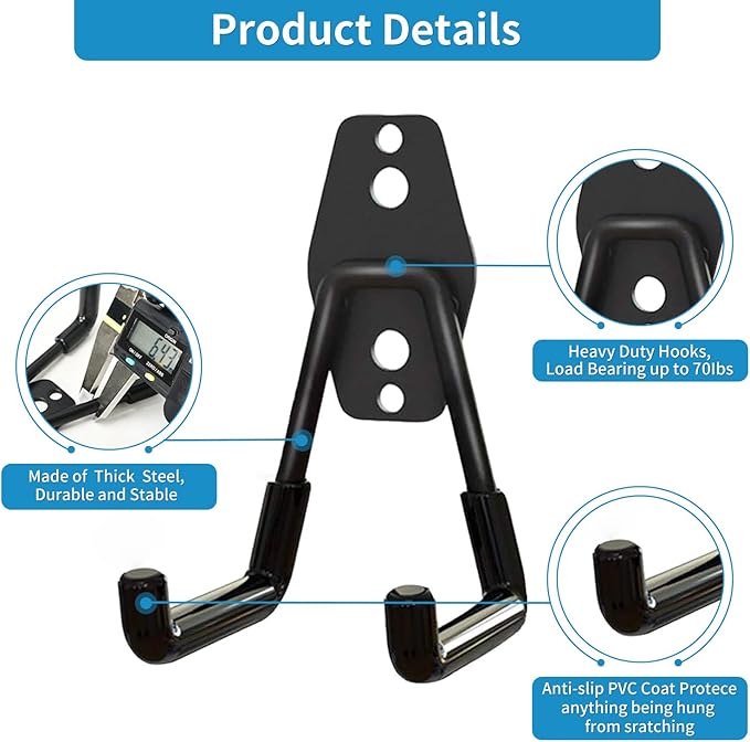 GeeWatom 2 Pack Garage Storage Utility Hooks，Garage Garden Tool Organizer，Steel Wall Mount Hooks, Garden Small U Hooks (Black)