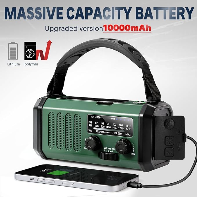 Hand Crank Emergency Radio, NOAA Weather Radio with AM/FM Solar Radio,10000mAh Rechargeable Battery Powered, USB-C Charger, Flashlight, SOS Alarm, for Storm, Hurricanes Outdoor Survival Emergencies