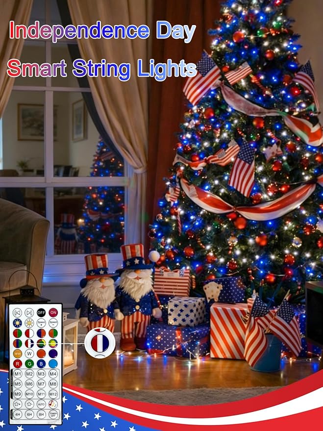 Smart Color Changing 4th of July Lights with Remote & App, 132FT 400LED Red White and Blue Twinkle Lights with Timer, RGB Patriotic Fairy String Light Waterproof Indoor Outdoor Independence Day Decor