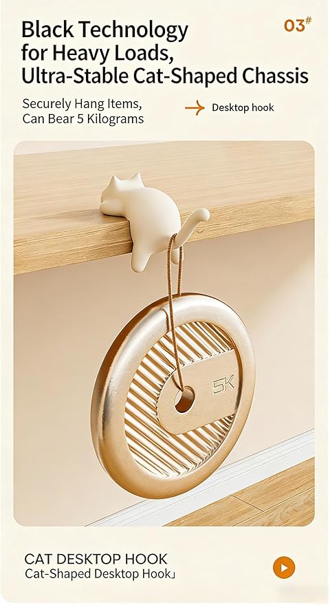 Cat Desk Hook for Kids - Damage-Free No Drill Desk Side Hook, 5KG Load Capacity ABS Backpack Hanger, Adhesive Included Multi-Purpose Organizer for Student School Desk/Home Office