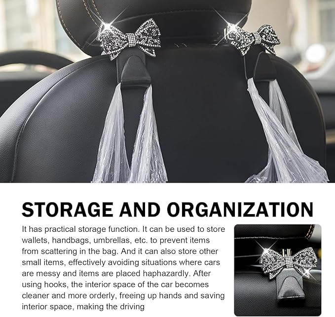 2 PCS Bling Bow Car Seat Headrest Hooks, Cute Rhinestone Bow Car Seat Back Storage Decor Hook, Multi-Purpose Rear Hanger Holder for Bags, Purse, Clothes (Black)