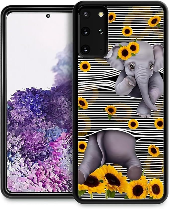for Samsung Galaxy S20 Plus Case, Cute Little Elephant Sunflower White Line Art Pattern Graphic Design Soft Silicone Hard Acrylic Shock Protection for Samsung Galaxy S20 Plus