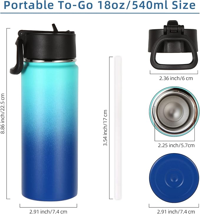 Volhoply 18oz Kids Insulated Water Bottle,Stainless Steel Water Bottles with Straw Lid,Wide Mouth Reusable Metal Water Bottle,Double Wall Vacuum Sports Flask For Cold Drink(Green Blue,1 Set)
