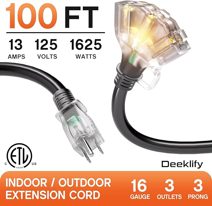 100 ft 16/3 awg 3 Outlet Extension Cord Splitter with Indicator, Waterproof Outdoor Extension Cord with Multiple Outlets, 13A 1625W for Home & Workshop, ETL Listed, Black SJTW