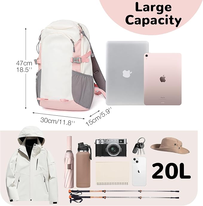 Small Hiking Backpack with Chest Strap for Women, 20L Lightweight Waterproof Travel Backpack with Padded Straps, Durable Cute Casual Hiking Daypack for Traveling Camping, Pink