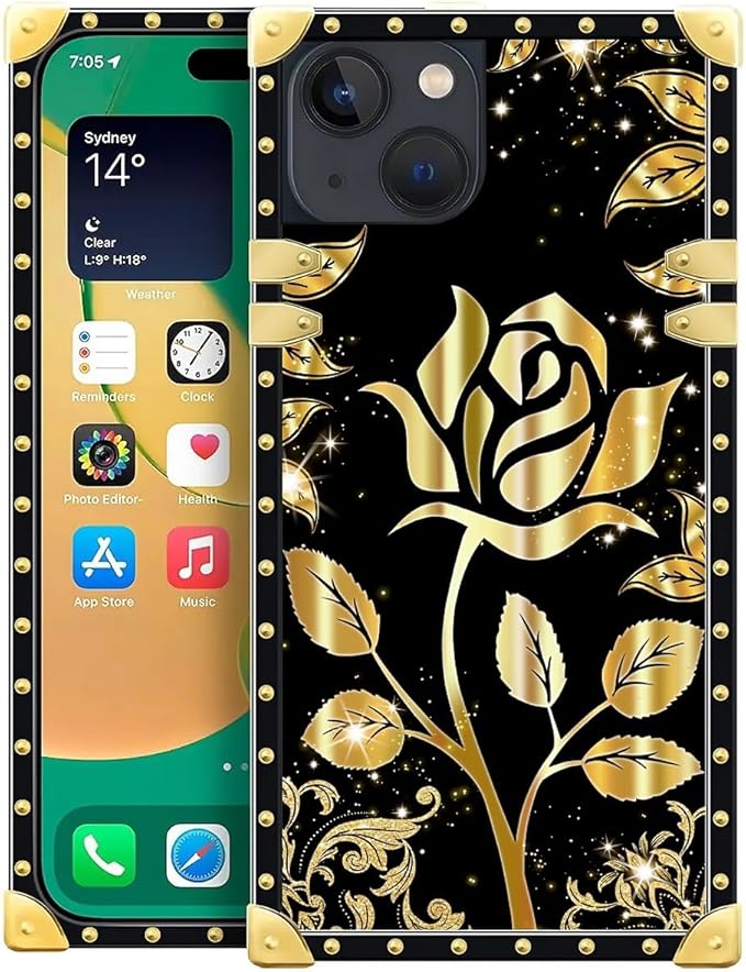 Compatible with iPhone 14 Case, Shine Gold Rose Luxury Golden Decoration for Girl Women Soft TPU Shockproof Protective Hard PC Back for iPhone 14