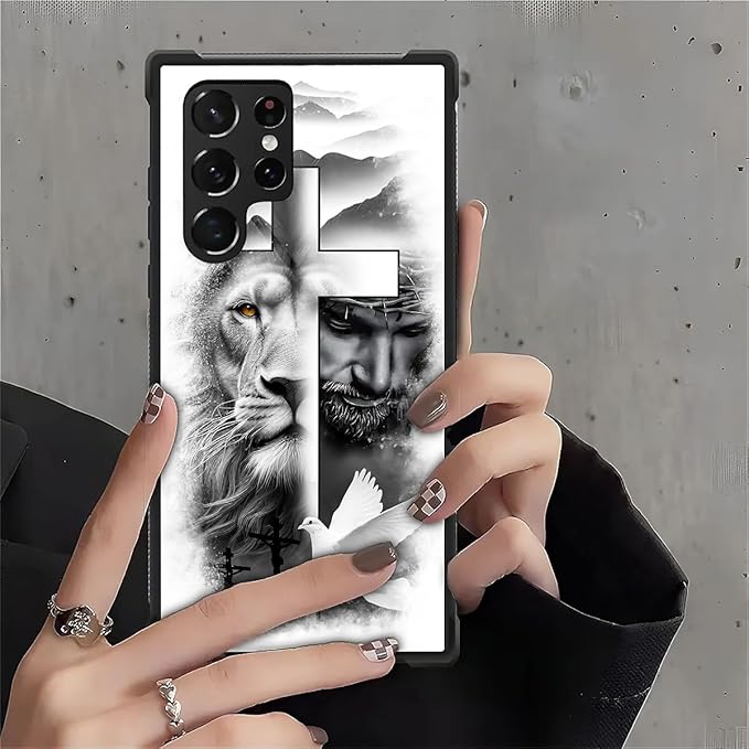 for Samsung Galaxy S22 Ultra Case, Lion Cross Jesus Christ Dove Pattern Graphic Design Girl Boy Soft Silicone Hard Acrylic Shock Protection for Samsung Galaxy S22 Ultra