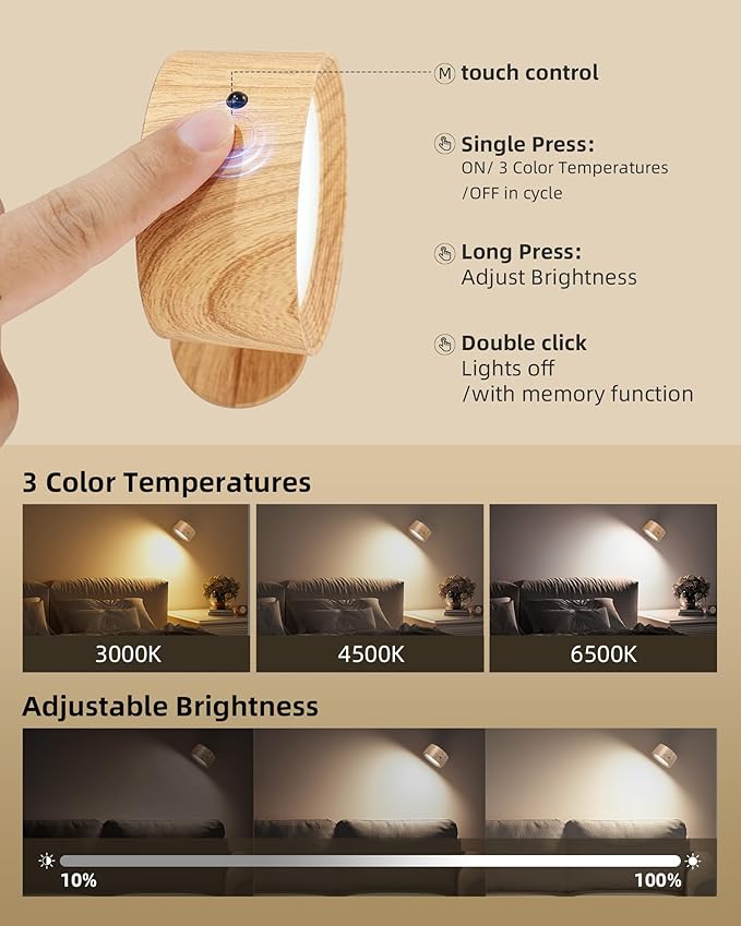 LED Wall Mounted Lights, 2 Pack Rechargeable Wall Sconce Lamps, 3 Color Temps & Remote and Touch, 360° Rotation Dimmable Cordless Wall Light for Study Bedroom Reading Bedside (Wood)