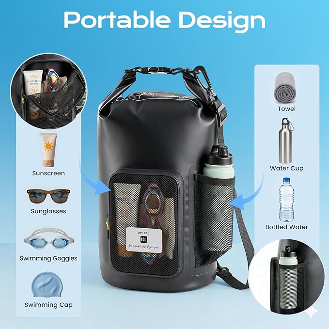 20L Waterproof Dry Bag with Bottle Holder & Mesh Pocket, 500D PVC Tarpaulin Roll Top Dry Sack with Inner Waterproof Adsorption Film, Large Dry Storage Bag for Kayaking, Camping, Beach, Boating