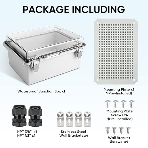 TICONN Outdoor Electrical Box Waterproof, Junction Box IP67 ABS Plastic Enclosure with Hinged Cover with Mounting Plate, Wall Brackets, Cable Glands (Clear, 11"x7.5"x5.5")