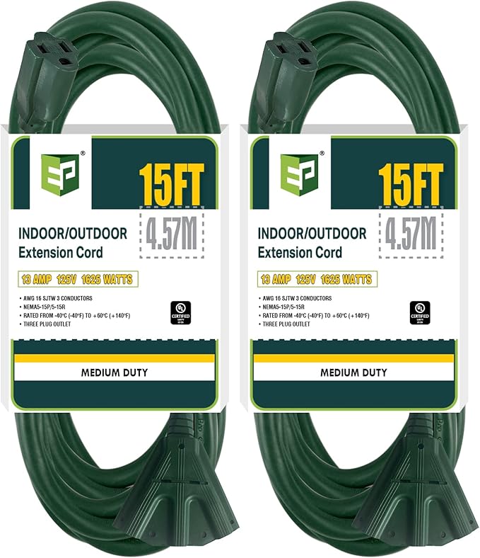 EP 2 Pack 15 Ft Outdoor Extension Cord with 3 Electrical Power Outlets - 16/3 SJTW Green Cable with 3 Prong Grounded Plug for Safety Great for Christmas Lights, Garden and Major Appliances