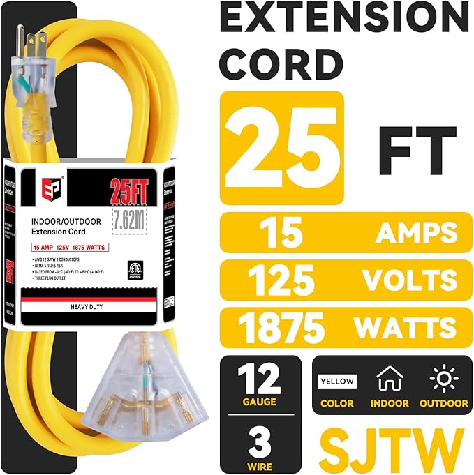 EP 25 Ft 12 Gauge Heavy Duty Extension Cord, 15A 125V 1875W, 3 Outlet Indoor/Outdoor Power Cord with Lighted End, 12/3 SJTW Weatherproof Yellow