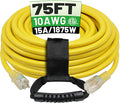 POWGRN 75 Ft 10AWG Outdoor Extension Cord Waterproof Heavy Duty 10 Gauge 3 Prong, Flexible Cold-Resistant Long Power Cord Outside with Lighted Indicator End, 15Amp 1875W SJTW Yellow ETL Listed