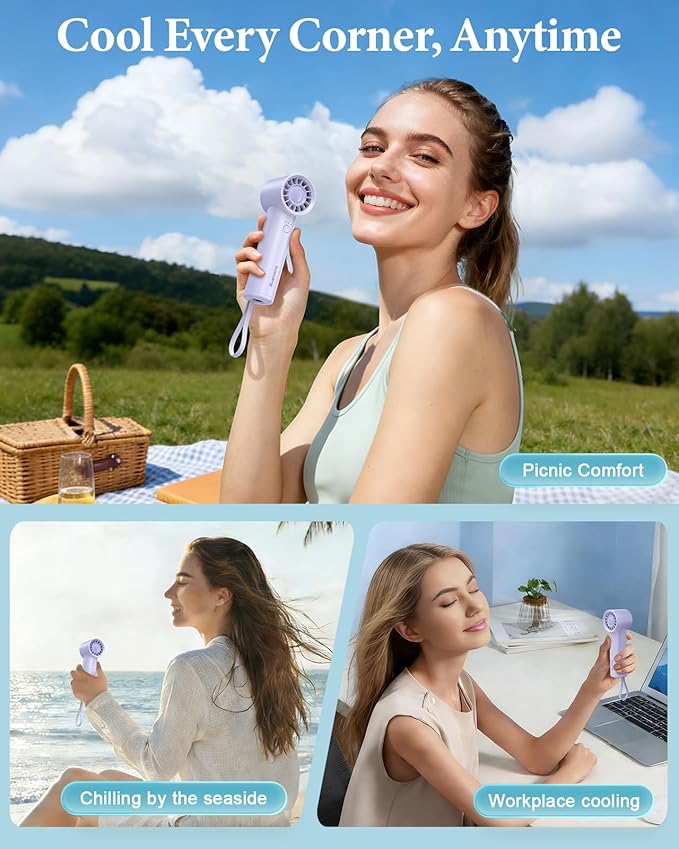 Portable Handheld Fan with Power Bank(High-Speed),3 IN 1 USB Rechargeable Mini Personal Fan with Flashlight,Small Size for Outdoor/Travel/Beach/Concerts/Summer.Gifts for Girl,Women.Purple