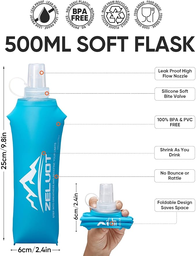 Zelvot 2 Pack Running Vest Soft Flask, BPA-Free 500ml Collapsible Water Bottle for Hydration Backpack, Folding Running Water Bottle for Marathon, Hiking, Cycling, Climbing (White, 500ML - 2 Pack)