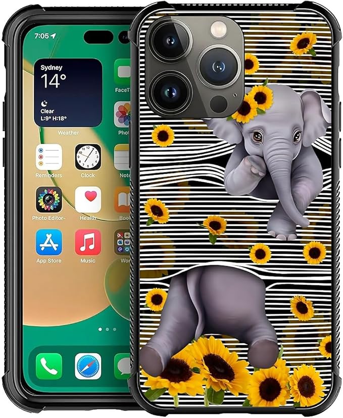 for iPhone 14 Pro Max Case, Cute Little Elephant Sunflower White Line Art Pattern Graphic Design Girl Boy Soft Silicone Hard Acrylic Shock Protection for iPhone 14 Pro Max