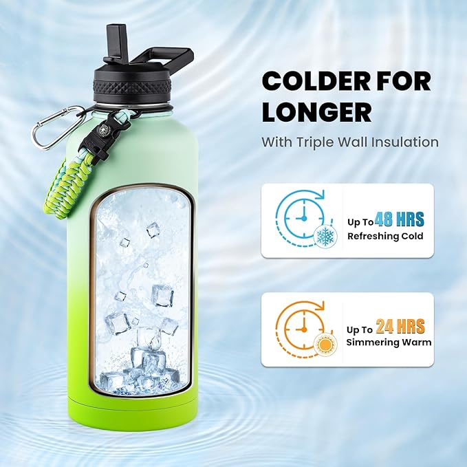 RAYMYLO Insulated Water Bottle 87 oz, Triple Wall Vacuum Stainless Steel (Cold for 48 Hrs), Leak Proof & Non-BPA, Modern Water Flask Jug with Paracord Handle & Straw Spout Lids, Ombre Green