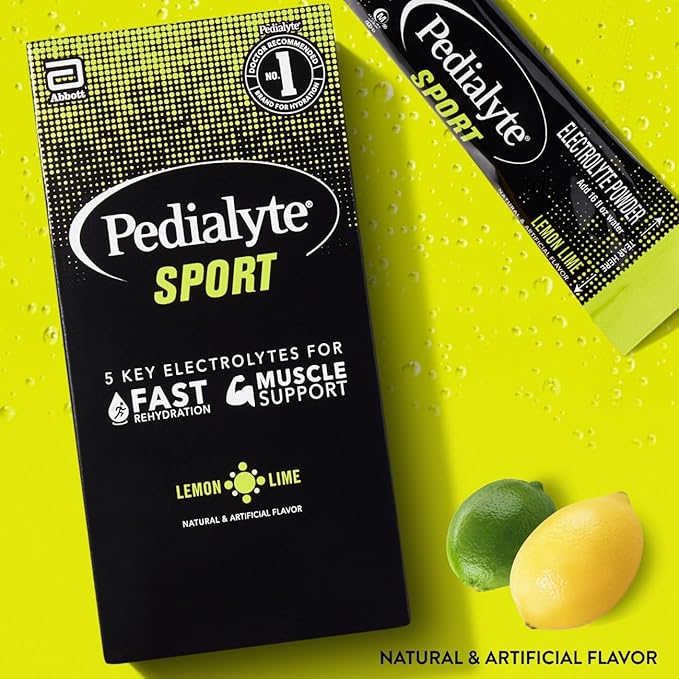 Pedialyte Sport Electrolyte Powder, Fast Hydration with 5 Key Electrolytes for Muscle Support Before, During, & After Exercise, Lemon Lime, 0.49-oz Packets (36 Count)