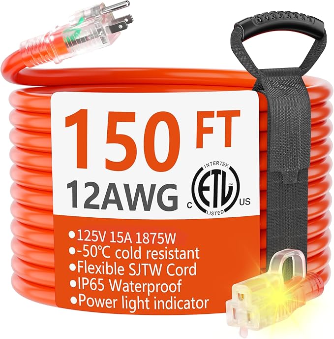HUANCHAIN 150 ft Outdoor Extension Cord Waterproof 12/3 Gauge Heavy Duty with Lighted end, Flexible Cold-Resistant 3 Prong Electric Cord Outside, 15Amp 1875W 12AWG SJTW, Orange, ETL